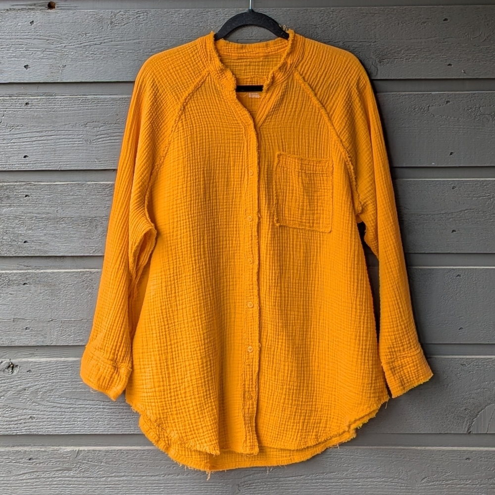 aerie Button-Down Gauze Shirt Jacket in Mustard Yellow